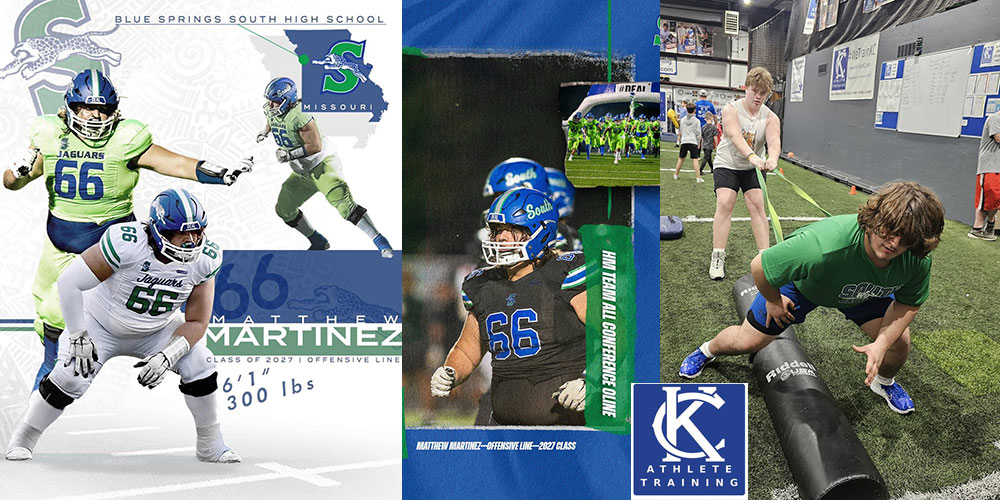 Kansas City Athlete Trained Offensive Lineman Matthew Martinez, All Conference Offensive Lineman as a Sophomore at Blue Springs South High School, lettered as a Freshman and has been training at Kansas City Athlete Training since 6th Grade with Lead Instructor Jim Tuso